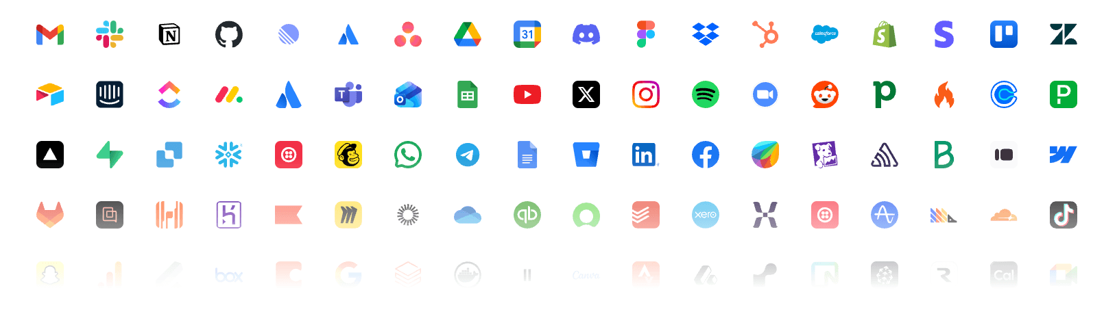 A selection of connectable services — Gmail, Slack, Notion, GitHub, Salesforce and more